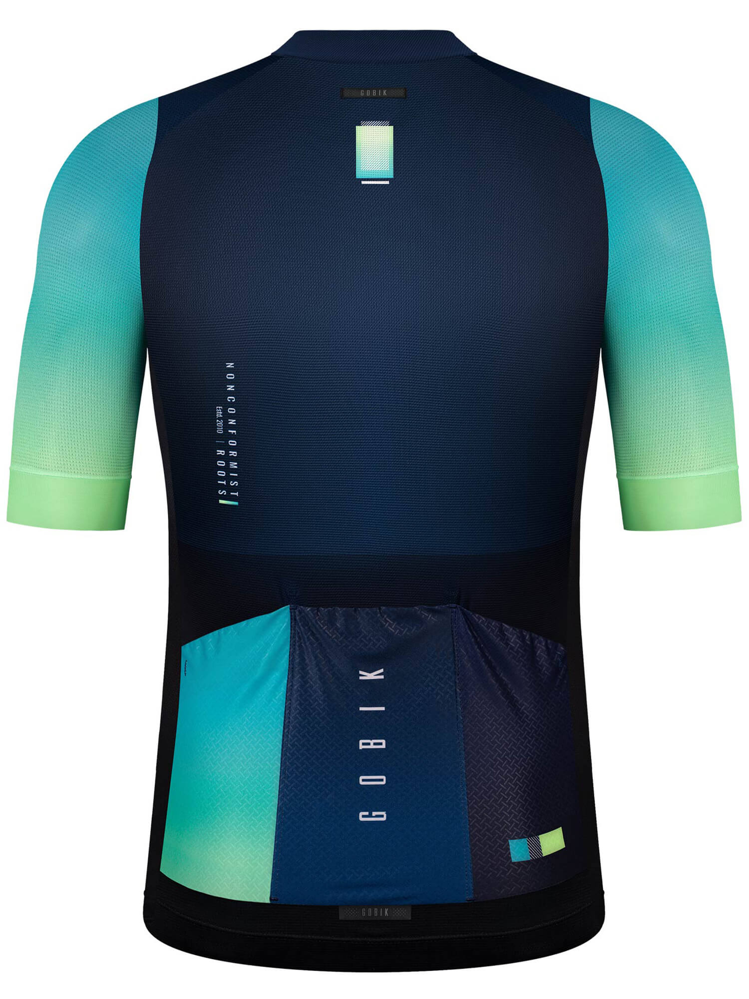 GOBIK CX Pro Unisex Short Sleeve Jersey - SS21 shown from back with gradient blue and green breathable fabric design