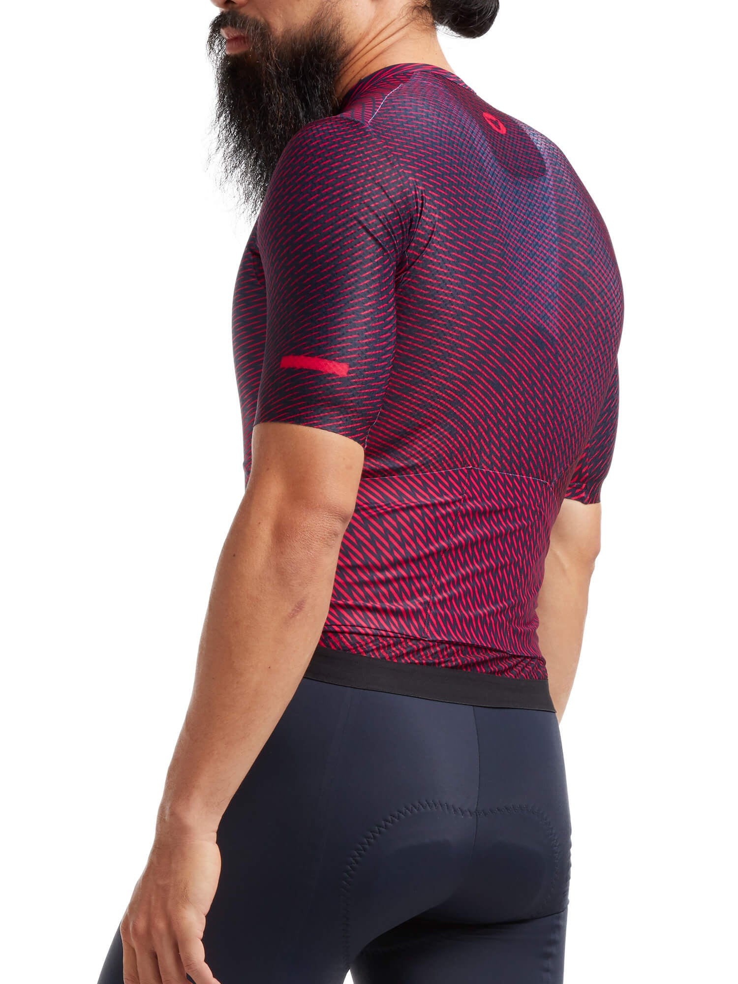 Man wearing Black Sheep Cycling Racing Aero Jersey - Men's in red and navy with aerodynamic fit and short sleeves from back view