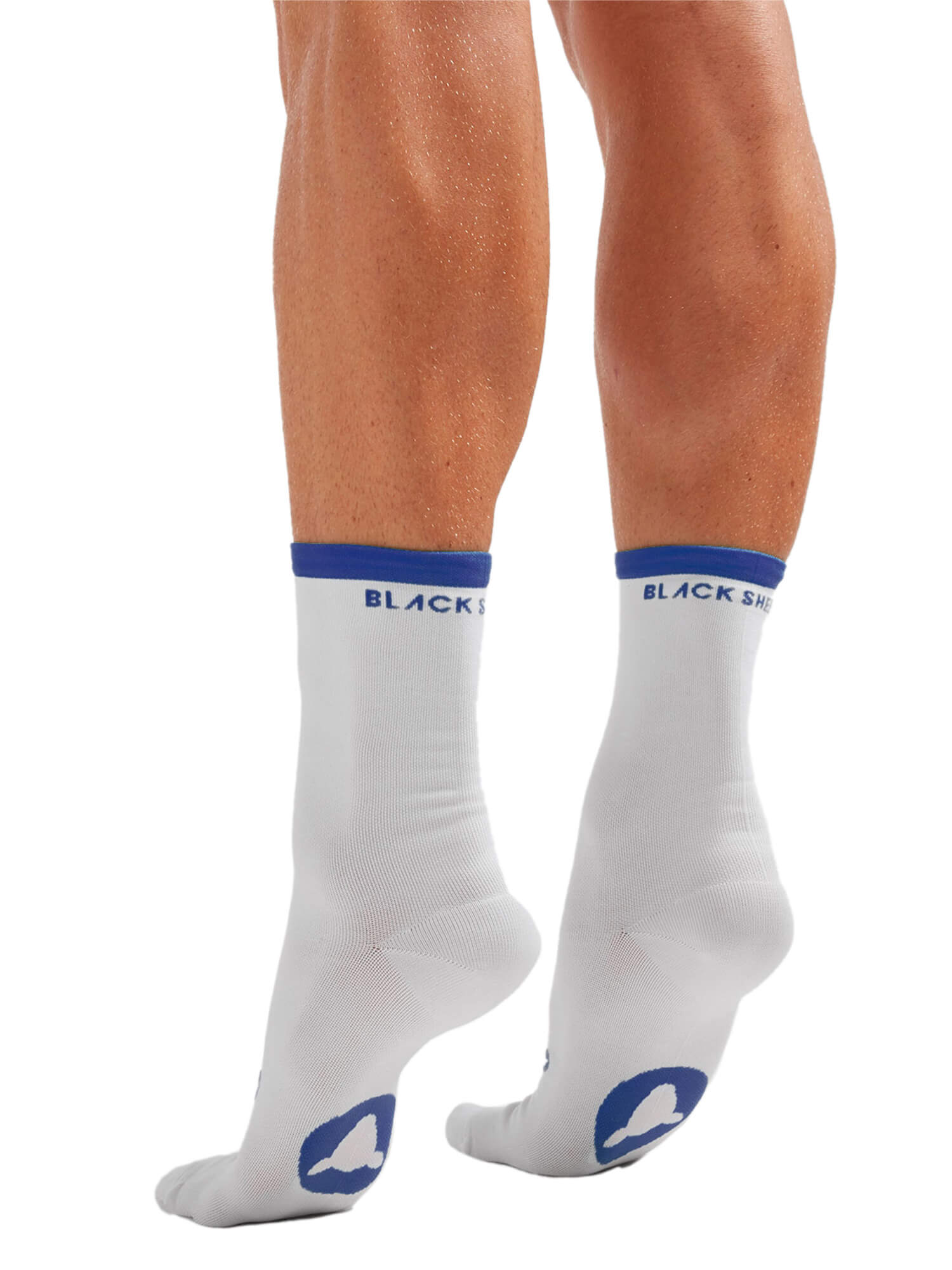 Black Sheep Cycling Perfect Crew Stripe Socks in white with blue accents worn on cyclist's feet showing fit and comfort