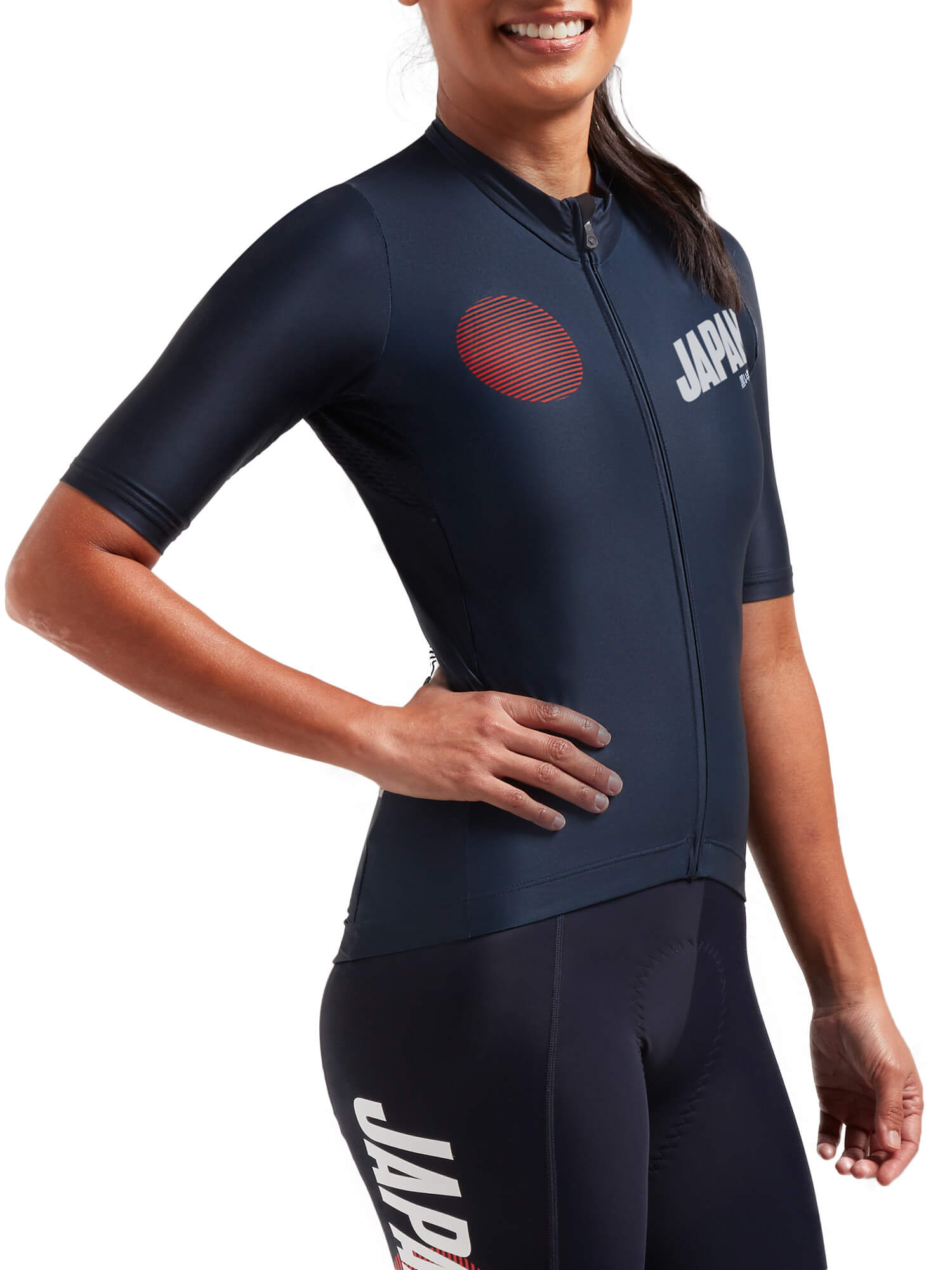 Black Sheep Cycling Women's Essentials TEAM Jersey - LTD Japan worn by a model showing the sleek, fitted design and graphic details
