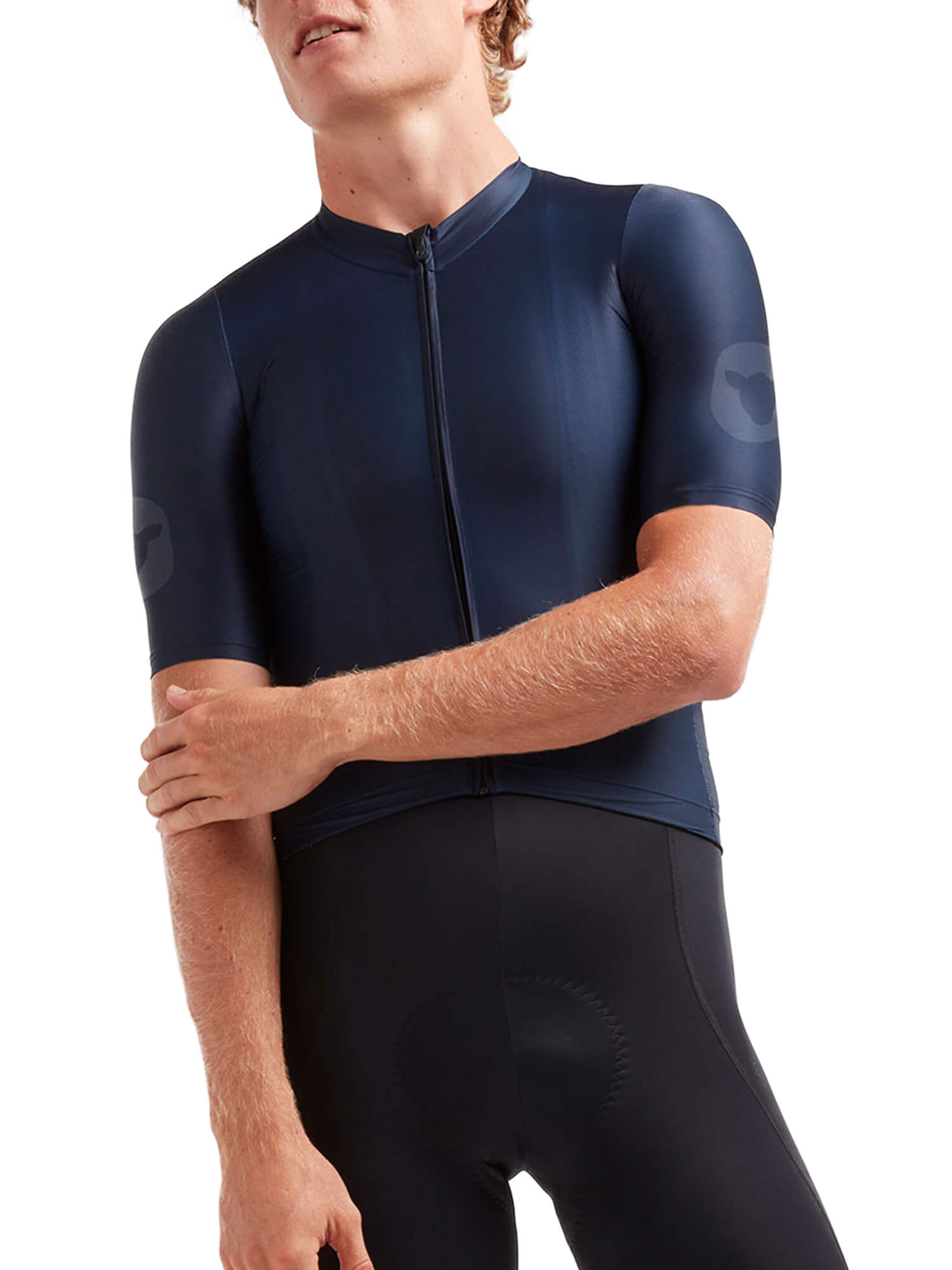 Male model wearing a navy Black Sheep Cycling Essentials TEAM Jersey - Men's with short sleeves and front zipper
