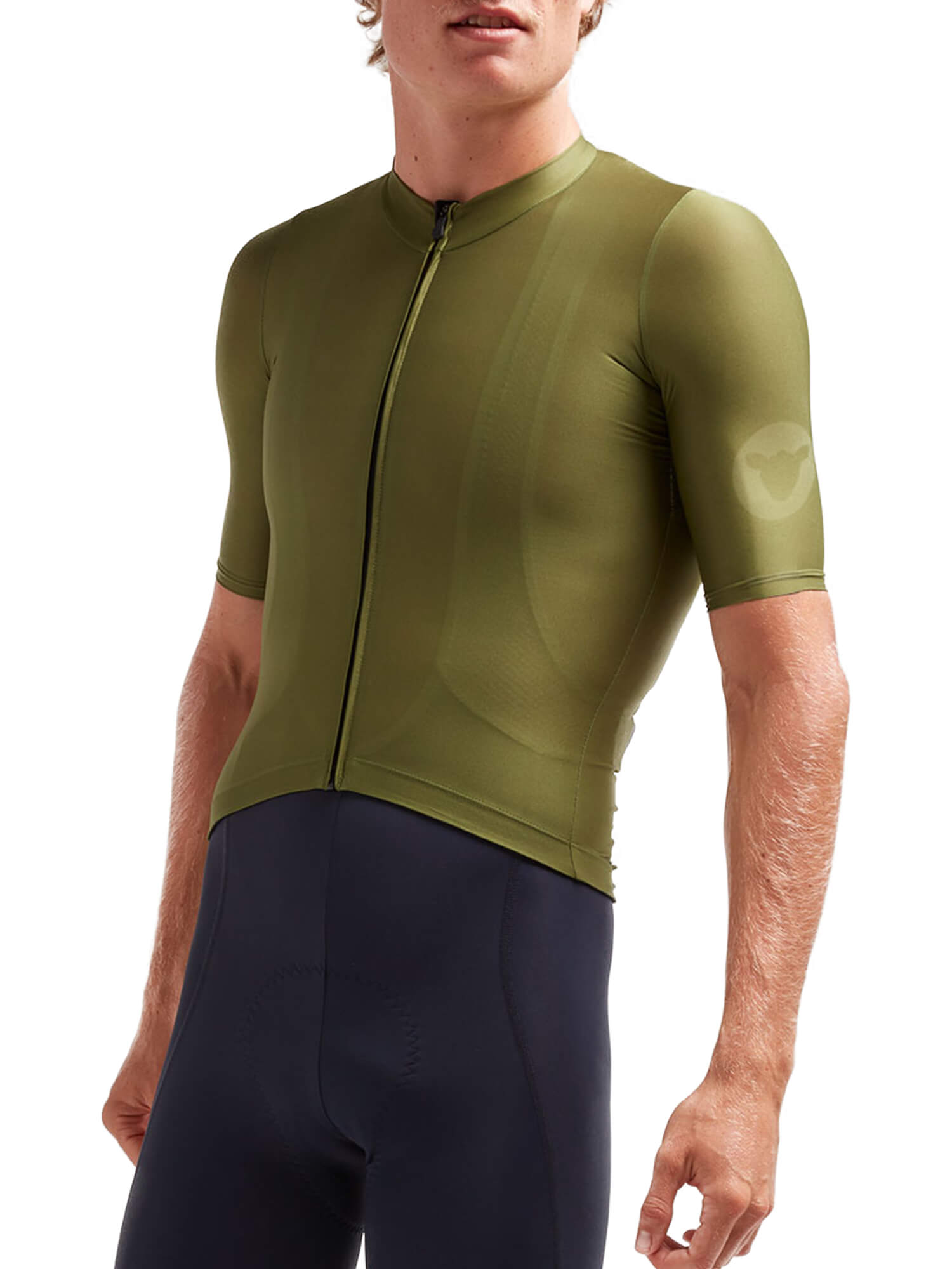 Black Sheep Cycling Essentials TEAM Jersey - Men's in olive green with short sleeves and front zipper on model