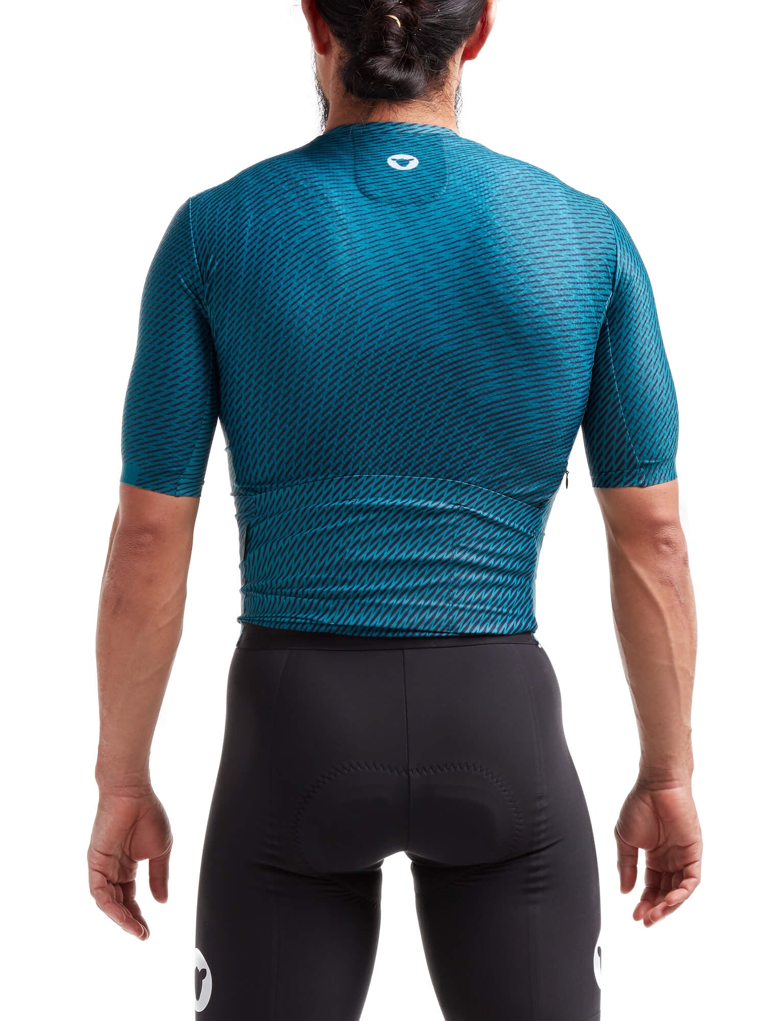 Back view of a male model wearing Black Sheep Cycling Racing Aero Jersey - Men's in blue with textured design and fitted sleeves
