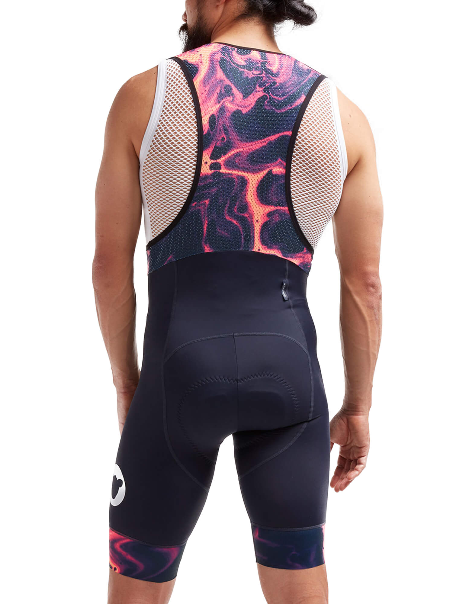 Rear view of a man wearing Black Sheep Cycling Men's Essentials TOUR Bib - LTD Neon Supernova with neon cyber punk design and mesh panels