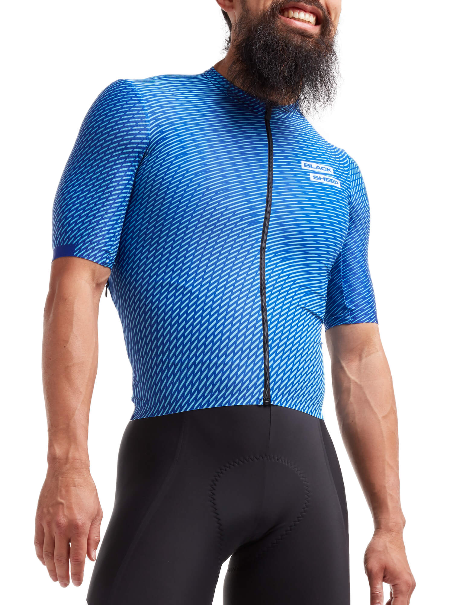 Man wearing Black Sheep Cycling Racing Aero Jersey - Men's in blue with short sleeves and front zipper detail