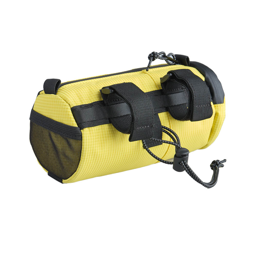 ALMSTHRE Compact Bar Bag in yellow with black strap attachments and zippered main compartment against white background