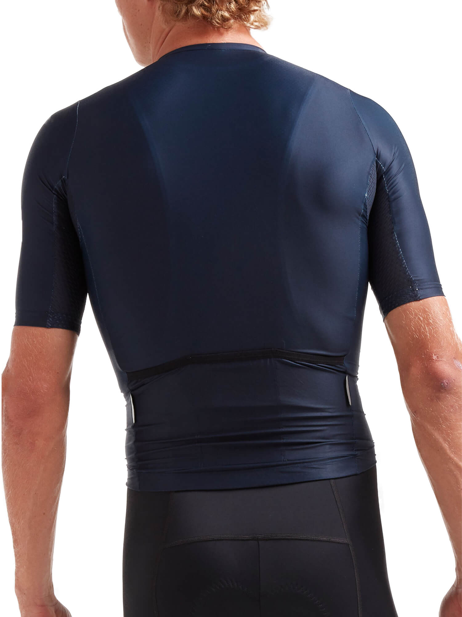 Back view of a man wearing Black Sheep Cycling Essentials TEAM Jersey - Men's in sleek dark fabric designed for performance and fit