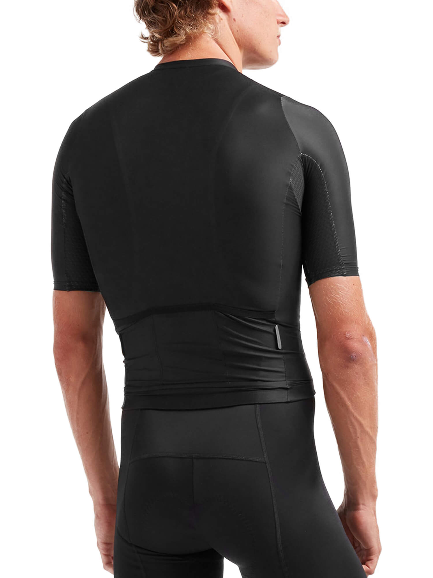 Back view of a male model wearing Black Sheep Cycling Essentials TEAM Jersey - Men's in sleek black fabric