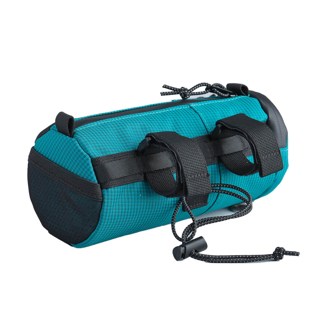 ALMSTHRE Compact Bar Bag in teal with black straps and adjustable cords for secure bike handlebar attachment