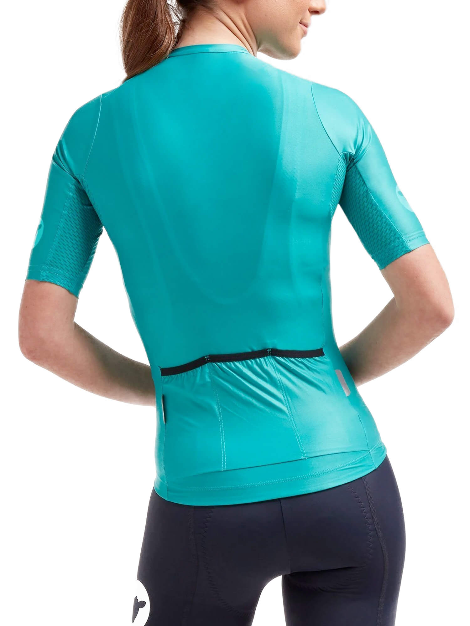 Model wearing turquoise Black Sheep Cycling Essentials TEAM Jersey - Women's showing back pockets and fitted design