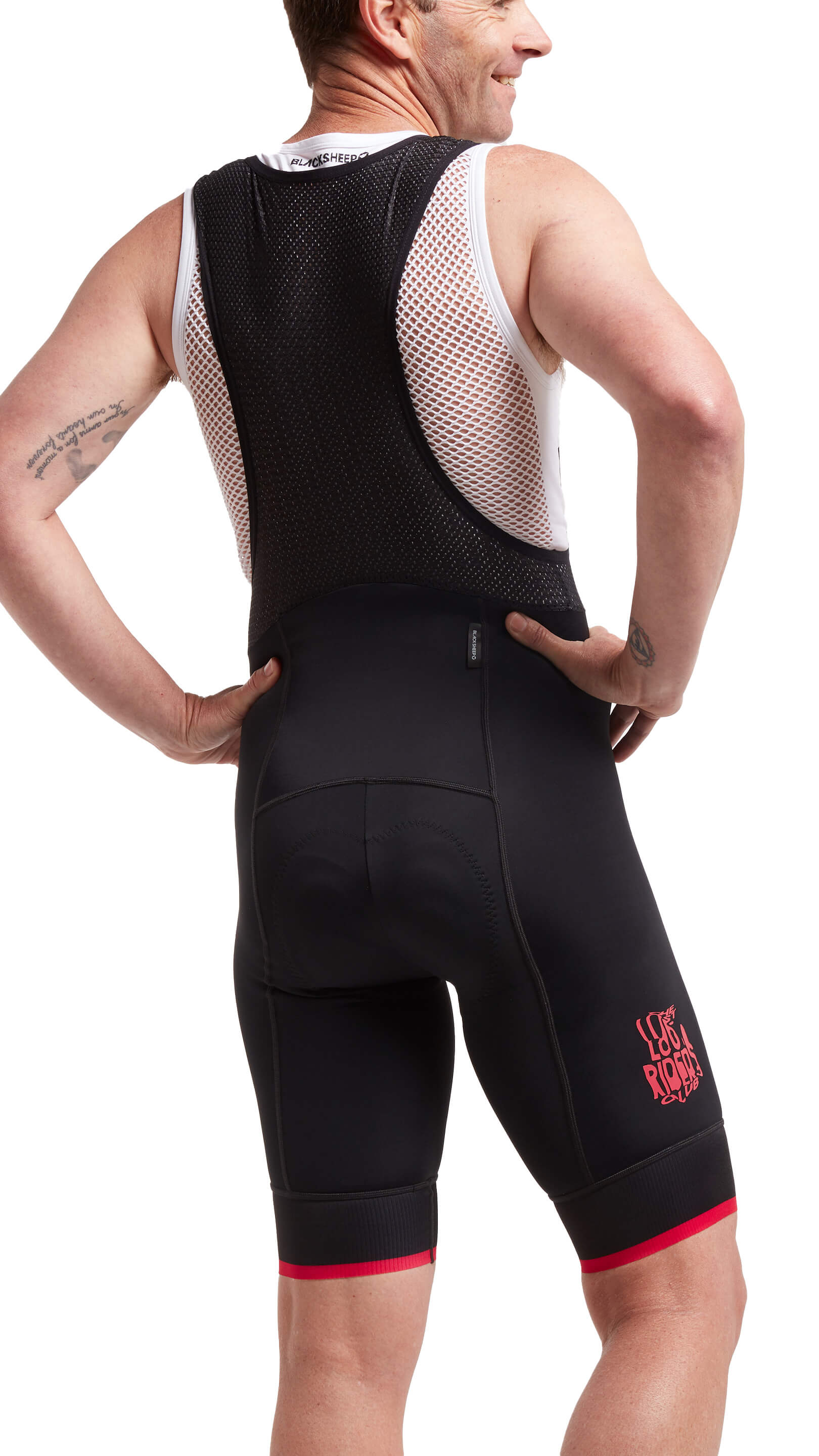 Male model wearing Black Sheep Cycling TEAM Bib Men's - Lost Riders Club showing back mesh and ergonomic fit details.