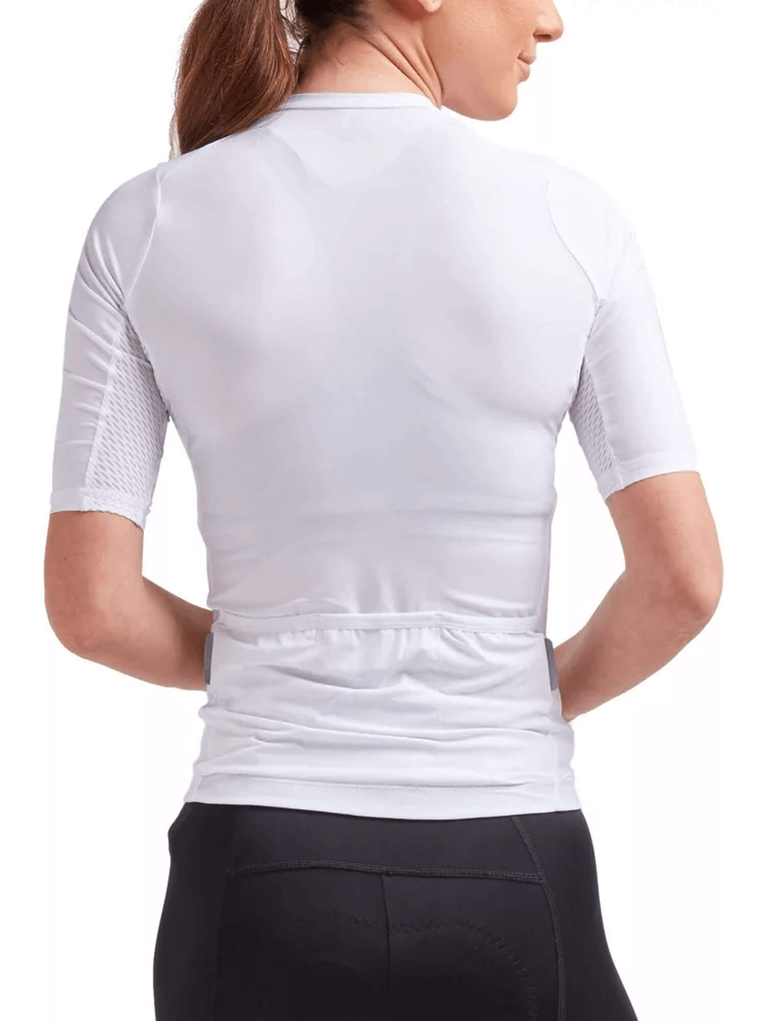 Back view of woman wearing Black Sheep Cycling Essentials TEAM Jersey SS22- Women's with mesh side panels and fitted silhouette