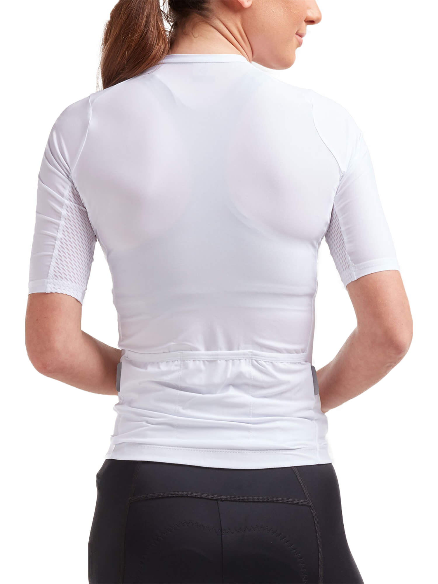 Back view of woman wearing Black Sheep Cycling Essentials TEAM Jersey - Women's in white with sleek fit and short sleeves