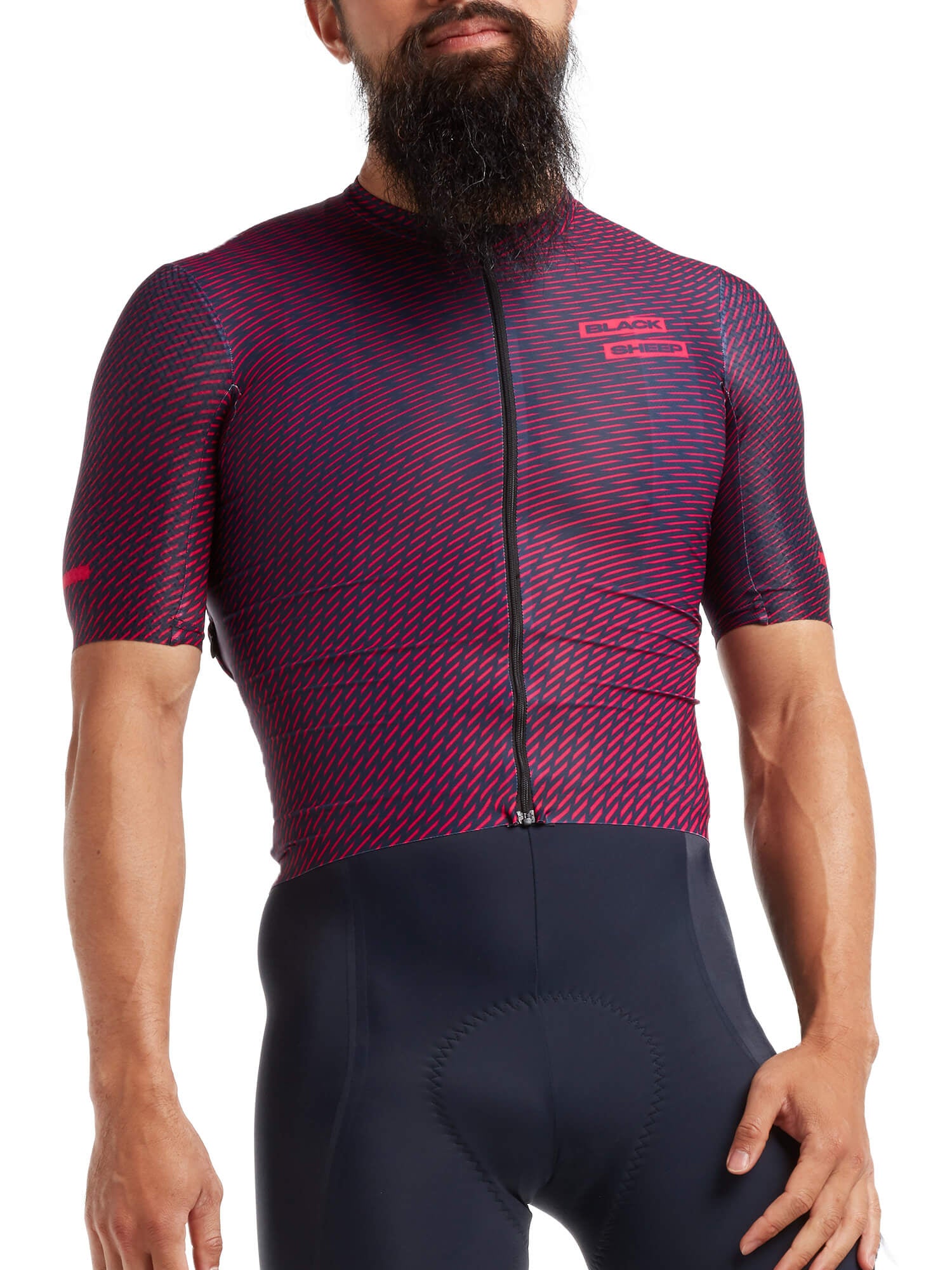 Black Sheep Cycling Racing Aero Jersey - Men's in red and black with aerodynamic fit and full front zipper shown on male model