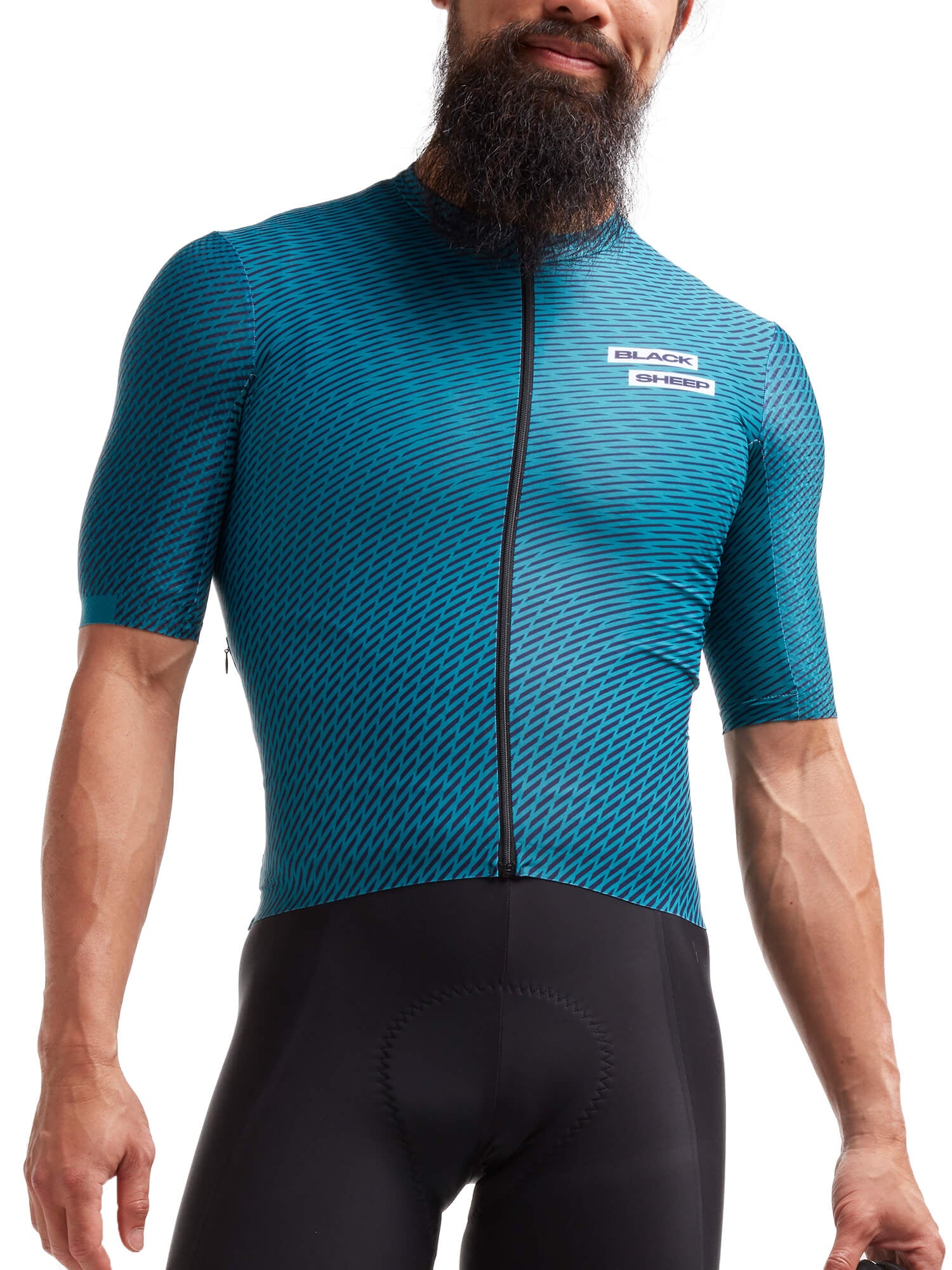 Black Sheep Cycling Racing Aero Jersey - Men's blue patterned aerodynamic cycling jersey worn by male model