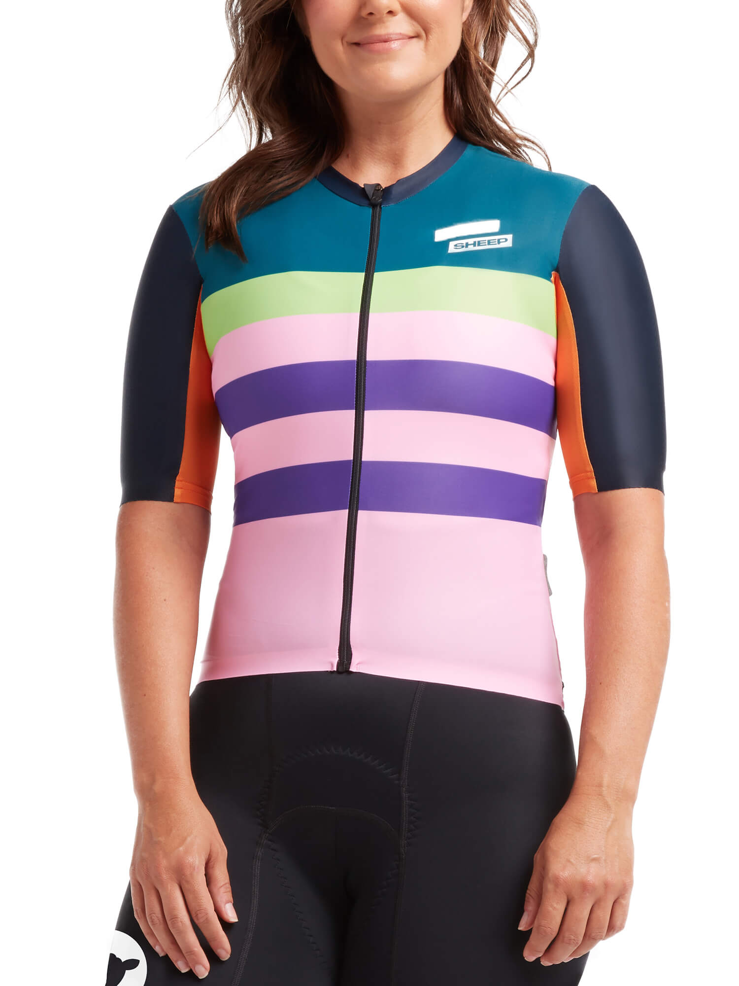 Black Sheep Cycling Women's WMN LuxLite Jersey - Classics Fleche Wallonne with colorful stripes and fitted design on a female model