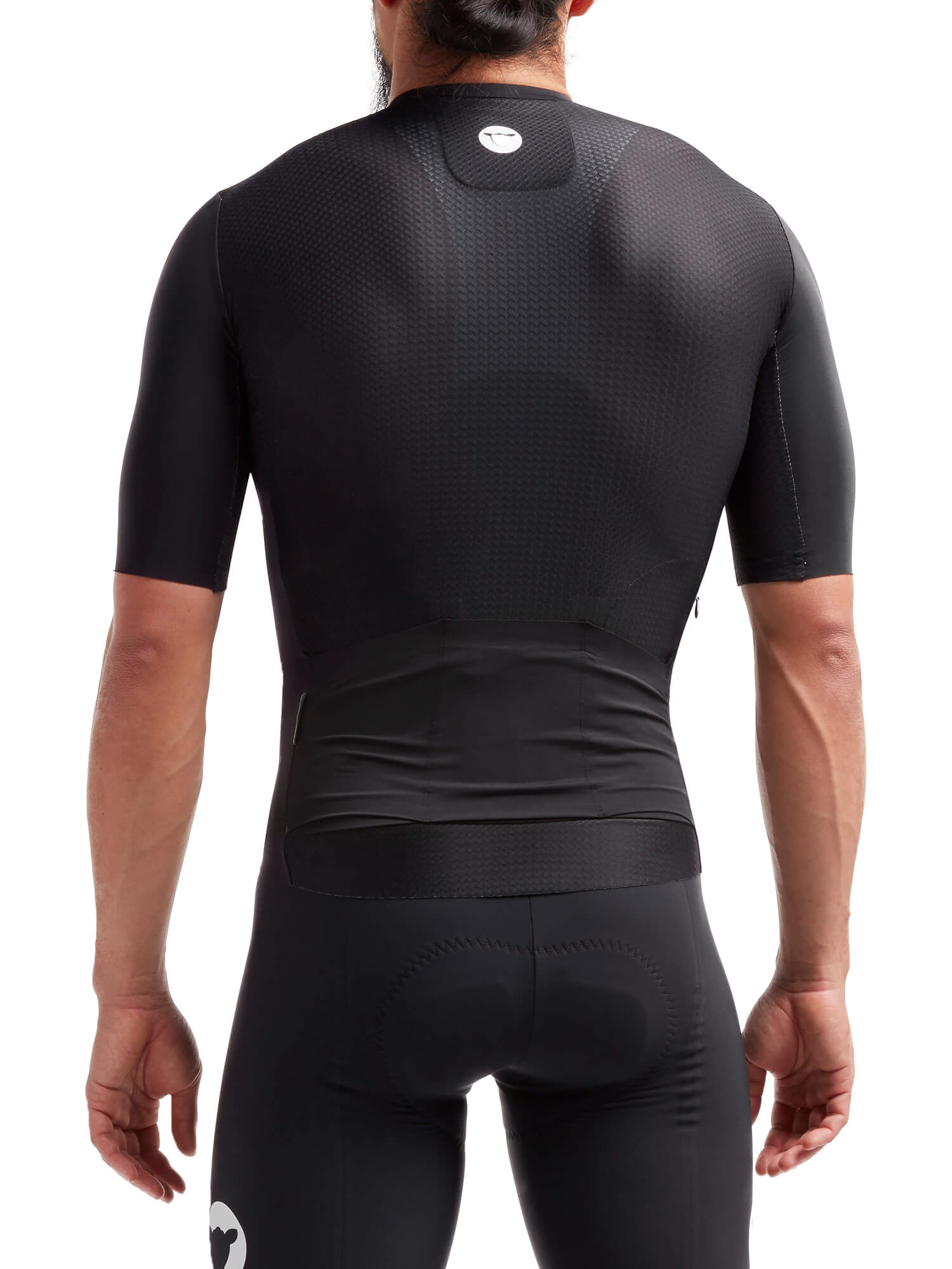 Back view of a cyclist wearing Black Sheep Cycling Racing Aero Jersey - Men's designed with aerodynamic FormDimple fabric