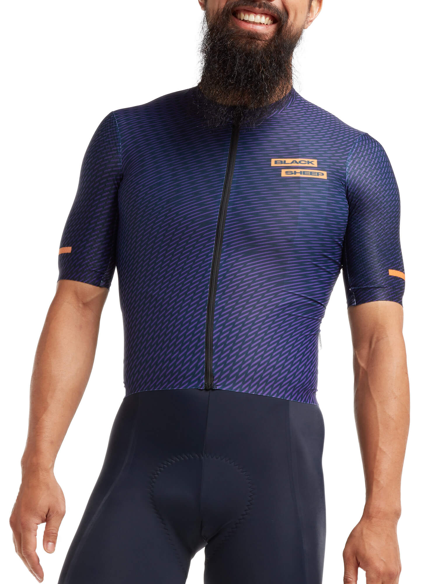 Man wearing Black Sheep Cycling Racing Aero Jersey - Men's in dark patterned fabric with short sleeves and front zipper