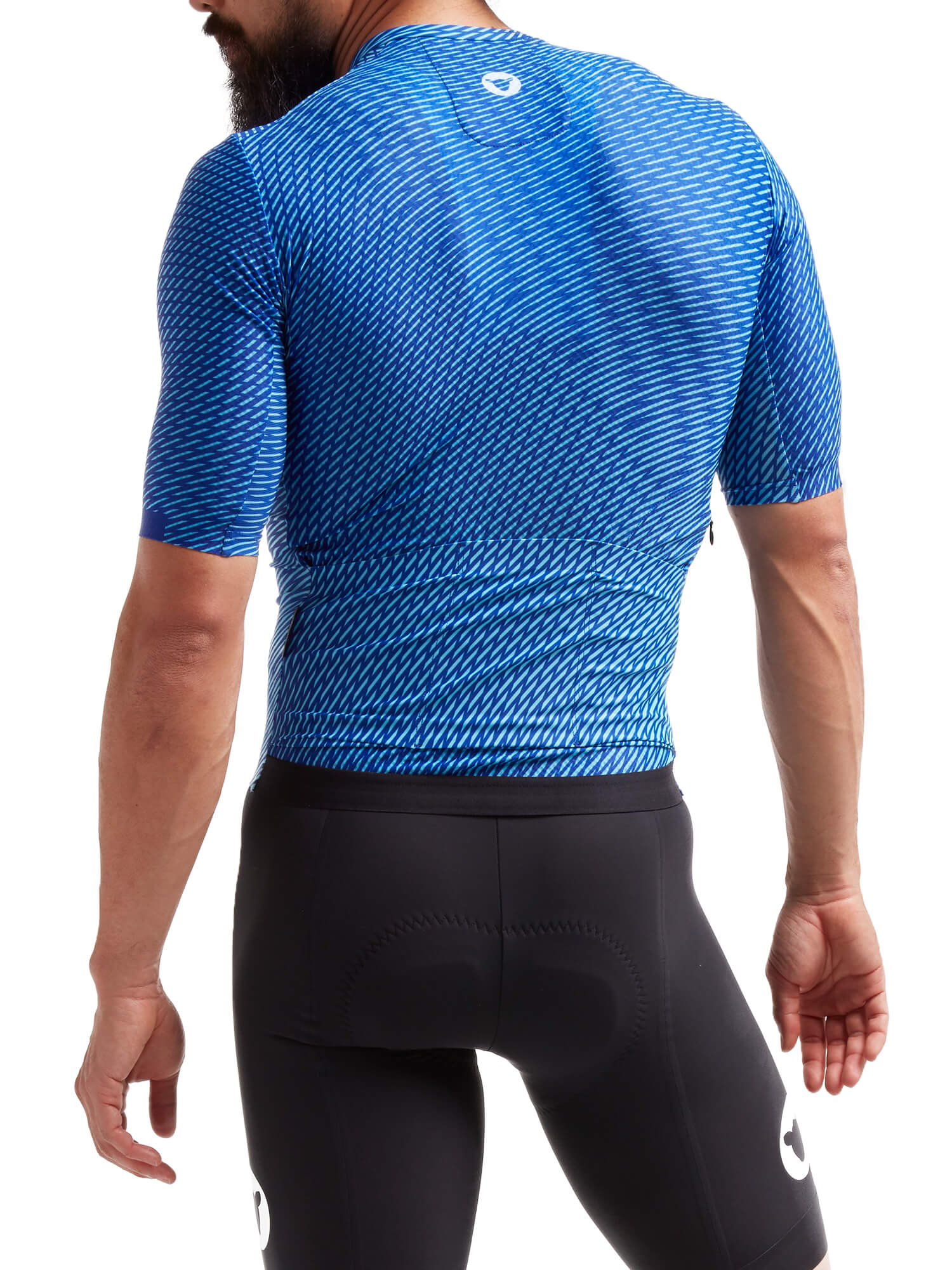 Man wearing blue Black Sheep Cycling Racing Aero Jersey - Men's showing back with aerodynamic fit and short sleeves