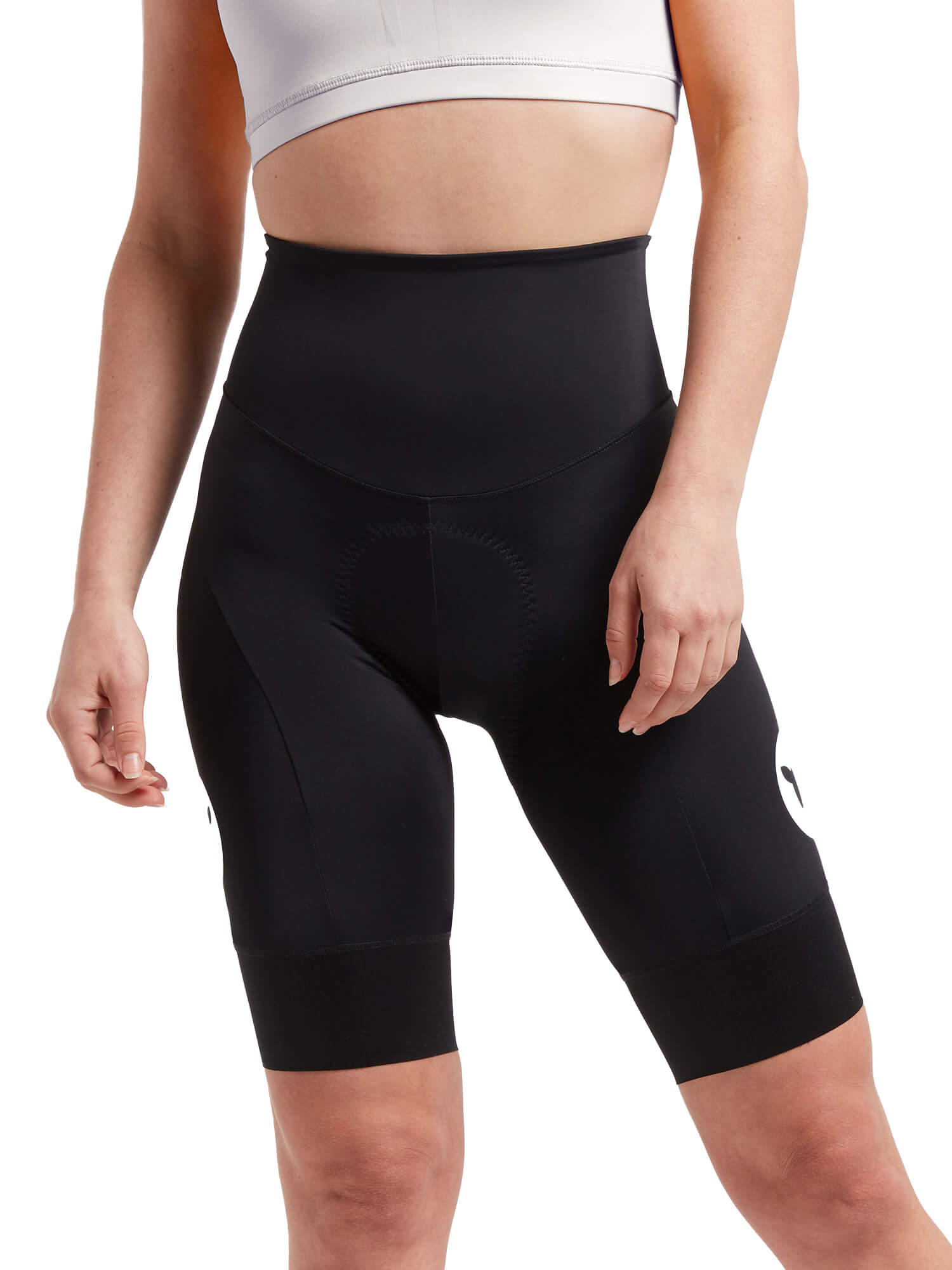 Woman wearing Black Sheep Cycling Essentials TEAM Shorts - Women in black, shown from waist to knees on white background
