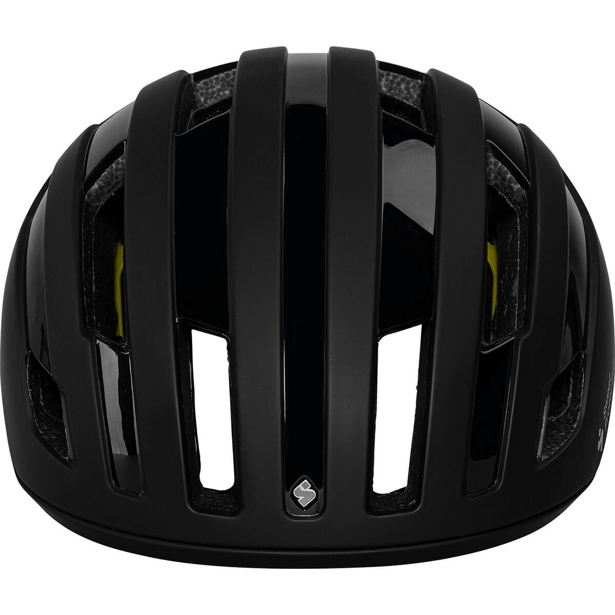 Sweet Protection Outrider Mips Helmet front view in black with multiple vents for road and gravel biking safety and comfort