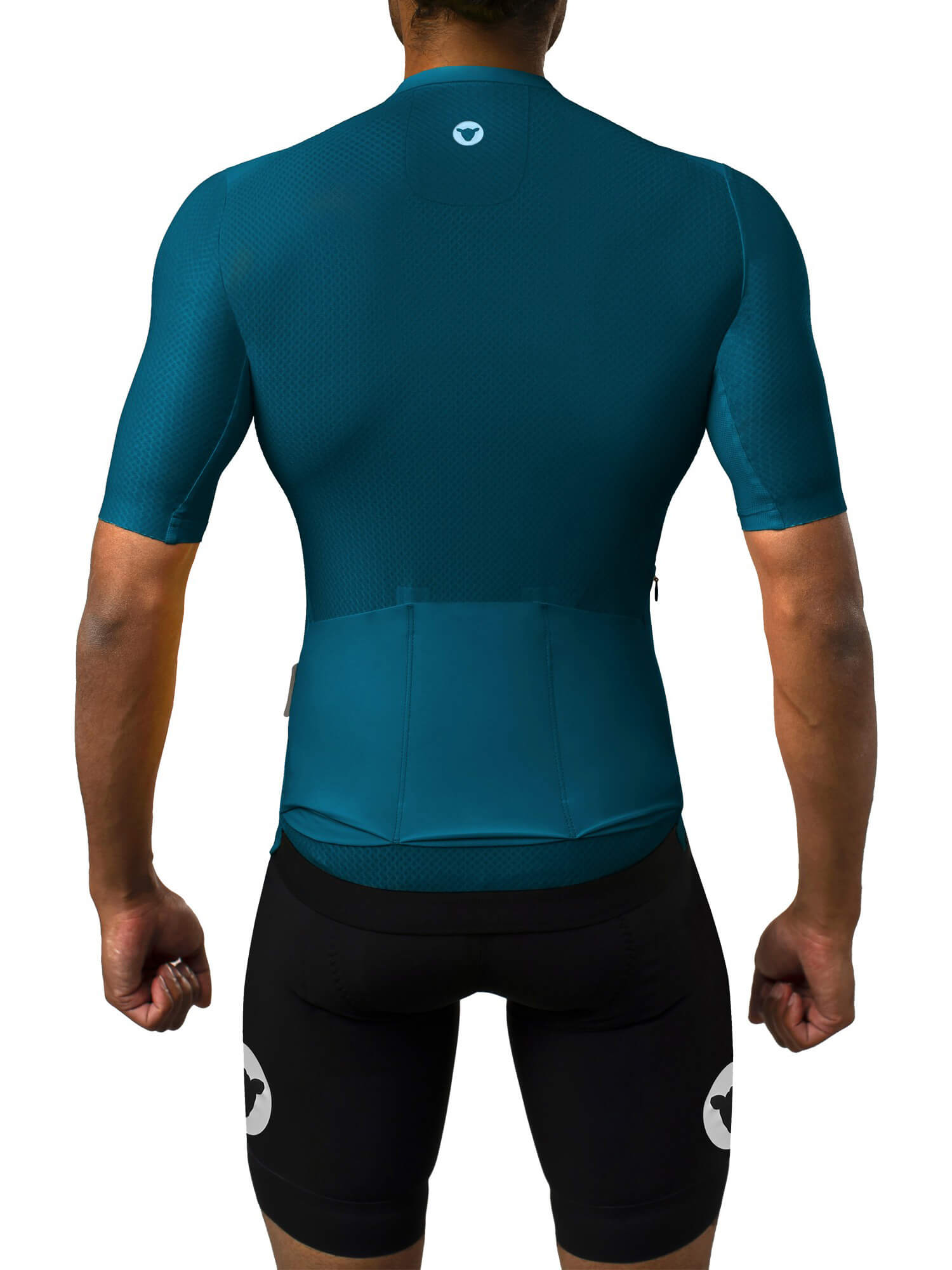 Back view of a cyclist wearing the Black Sheep Cycling Men's Racing Aero Jersey in teal with textured fabric and rear pockets