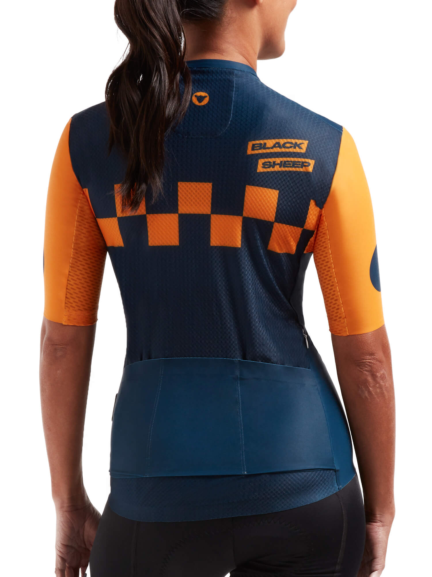 Back view of woman wearing Black Sheep Cycling WMN Grand Prix LuxLite Jersey in navy with orange checkered pattern and sleeves