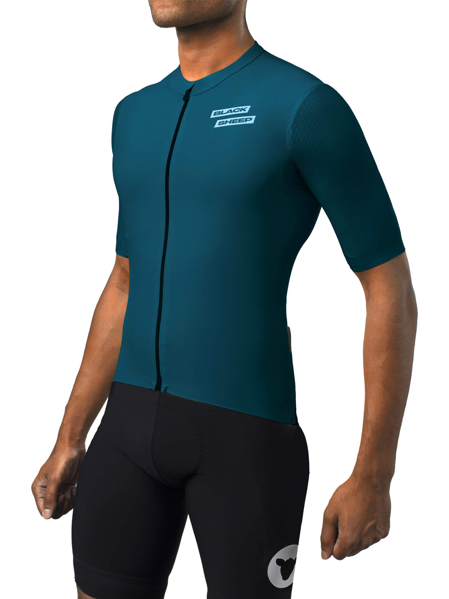 Black Sheep Cycling Men's Racing Aero Jersey in teal with textured sleeves for reduced drag and a sleek fit on model