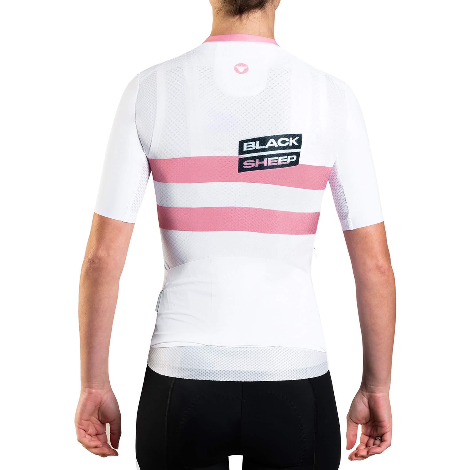Back view of Black Sheep Cycling Women's Classic LTD WMN Jersey in white with pink stripes on a model.