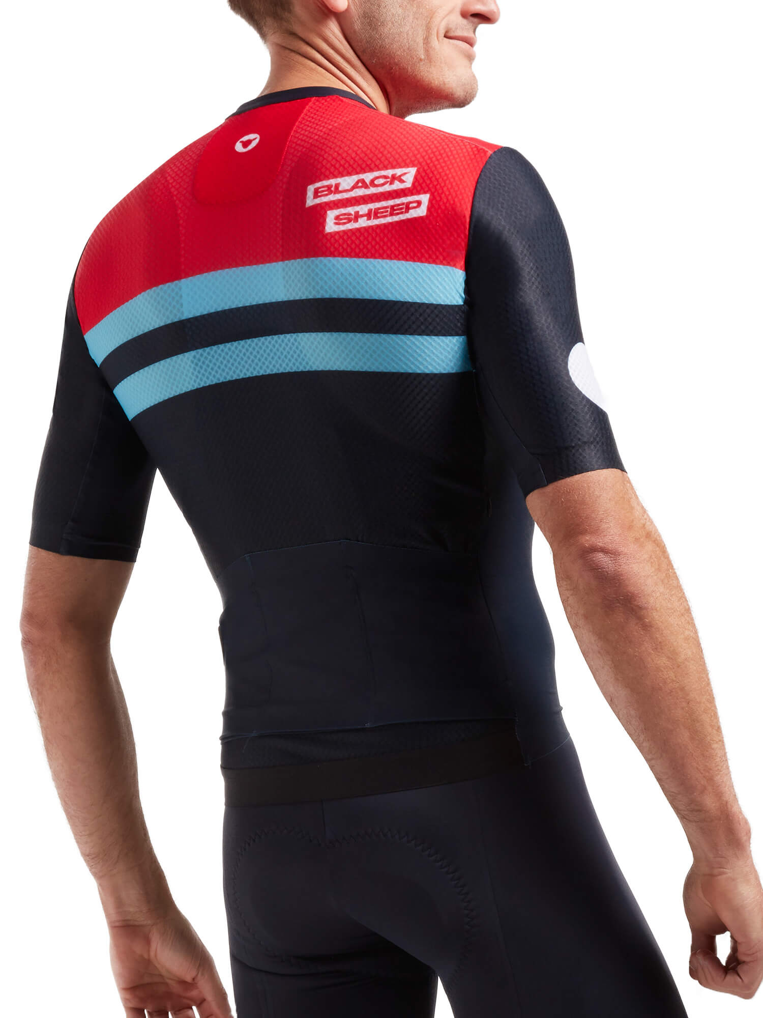 Rear view of man wearing Black Sheep Cycling Men's LTD Grand Prix Racing Aero Jersey in red, black, and blue design