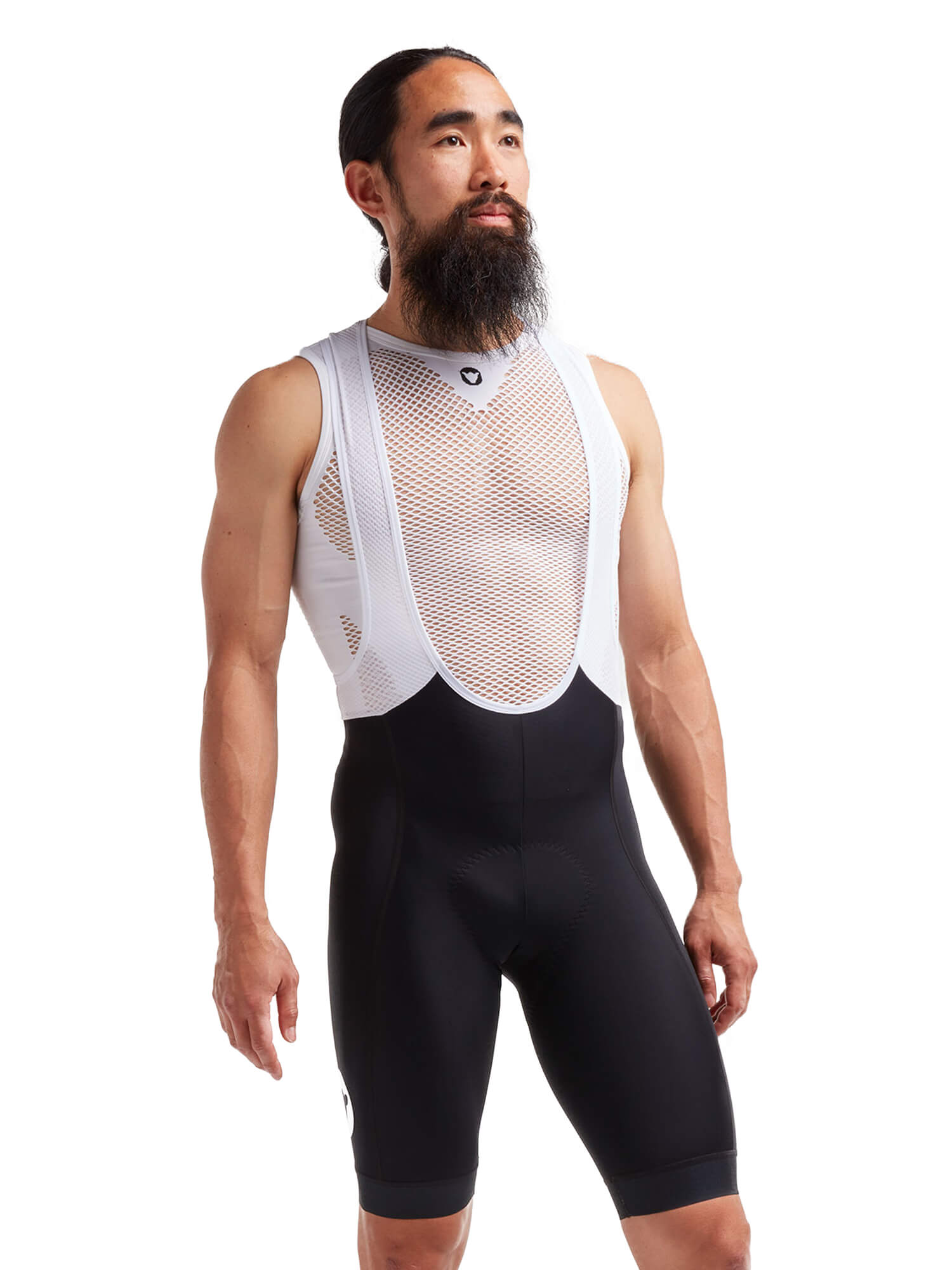 Male model wearing Black Sheep Cycling Essentials TEAM Bib - Men's black bib shorts with white mesh straps on white background