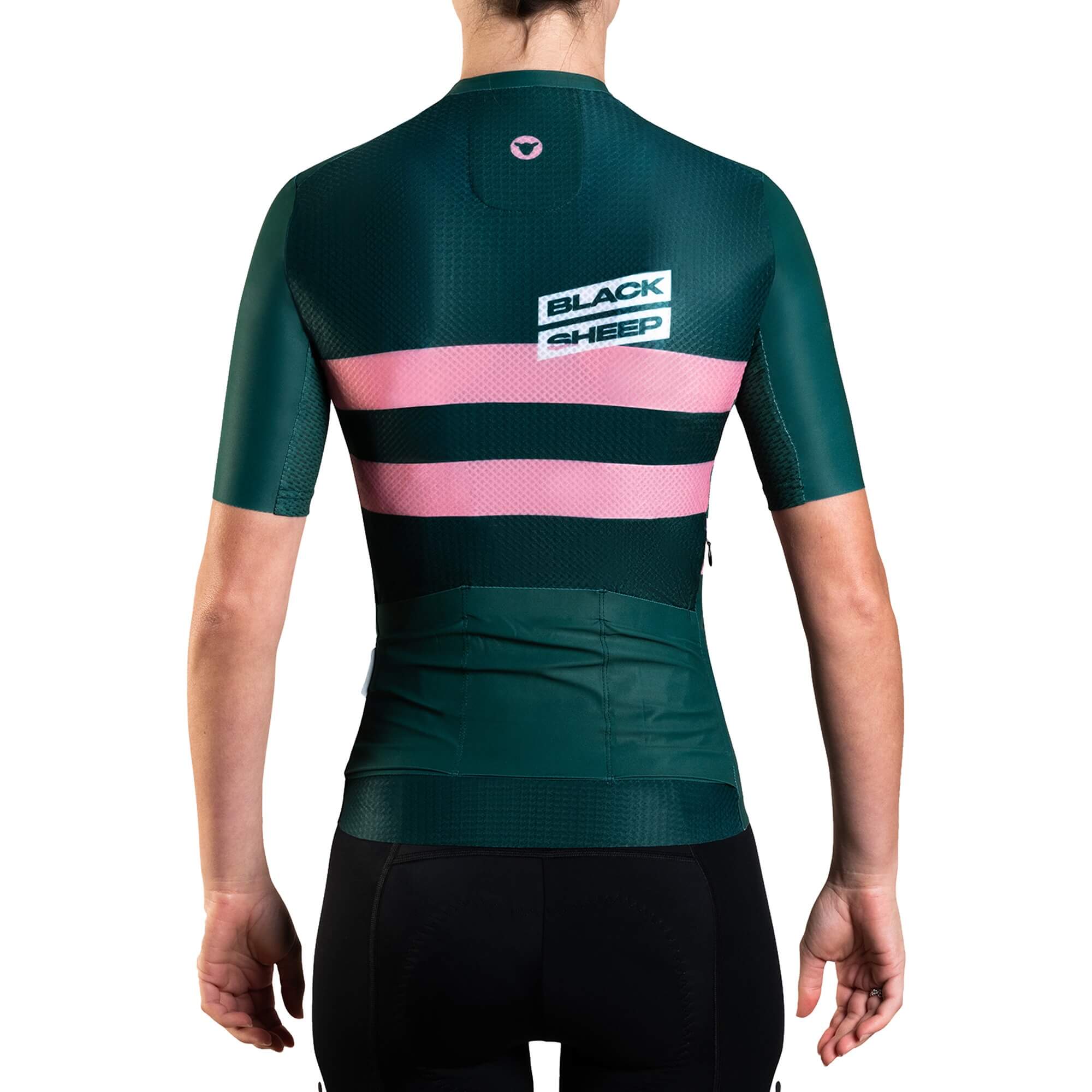Back view of Black Sheep Cycling Women's Classic LTD WMN Jersey in green with pink stripes on a female cyclist model