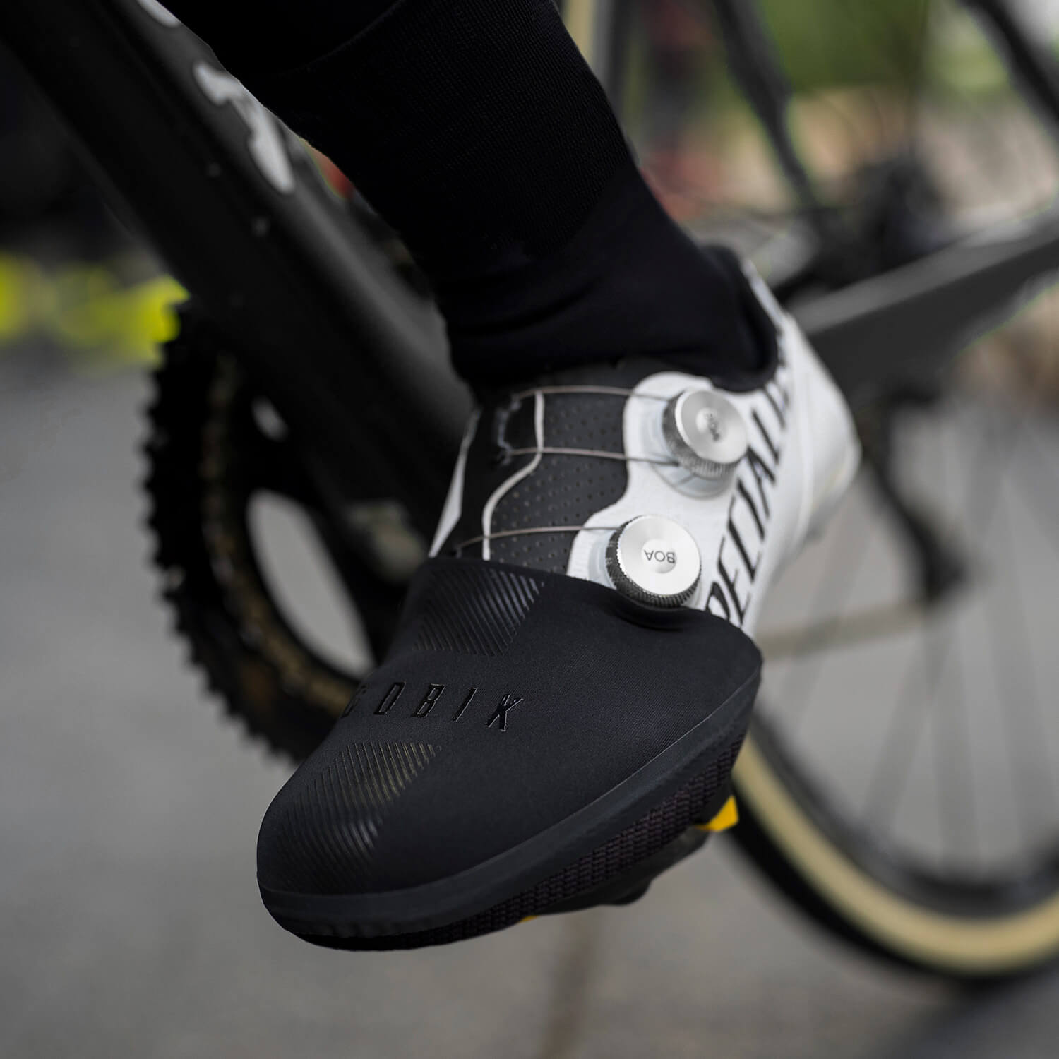 GOBIK Neoprene Toe Covers Defender Black 2.0 on cycling shoe with durable abrasion-resistant SuperTex sole fabric