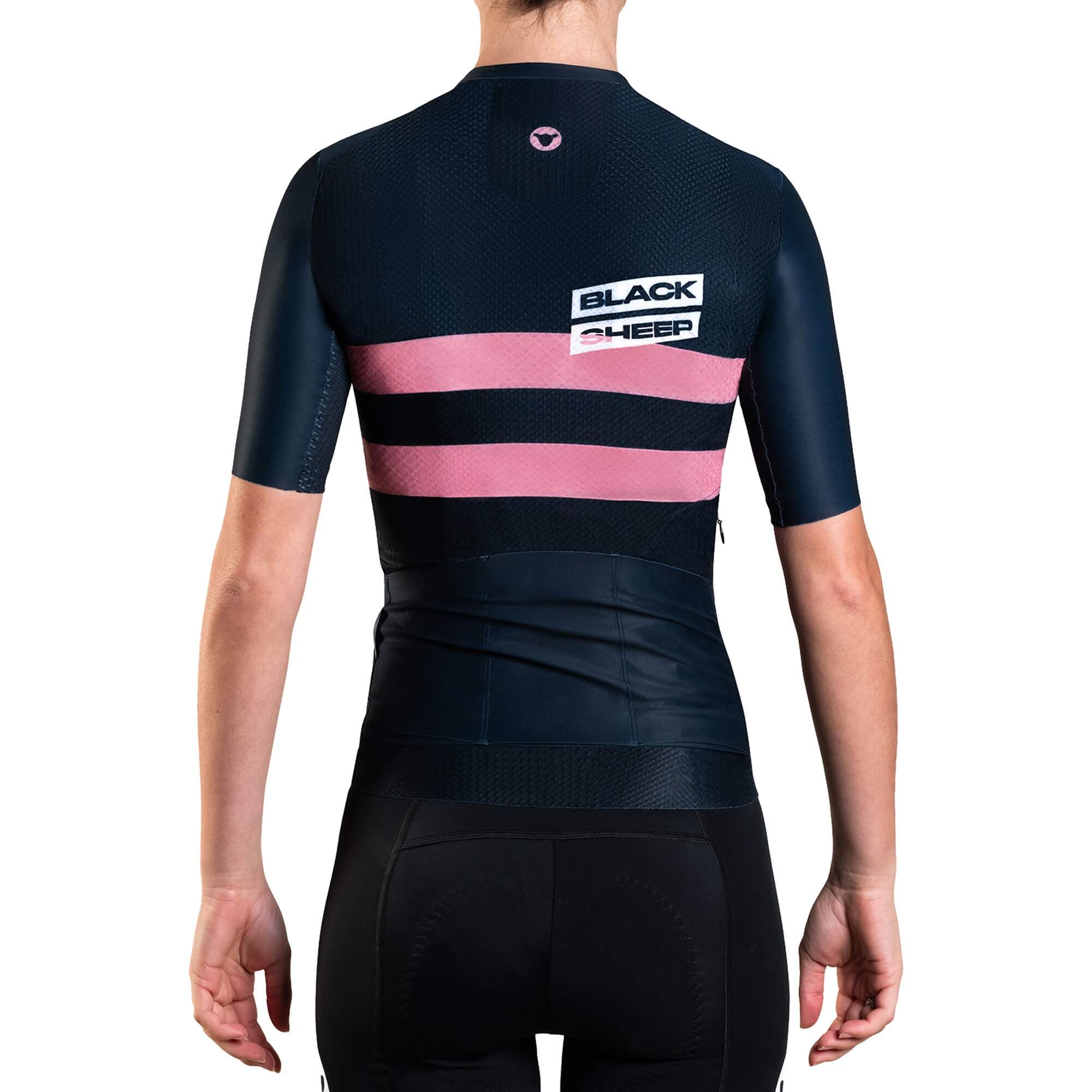 Back view of Black Sheep Cycling Women's Classic LTD WMN Jersey featuring black and pink stripes on breathable fabric