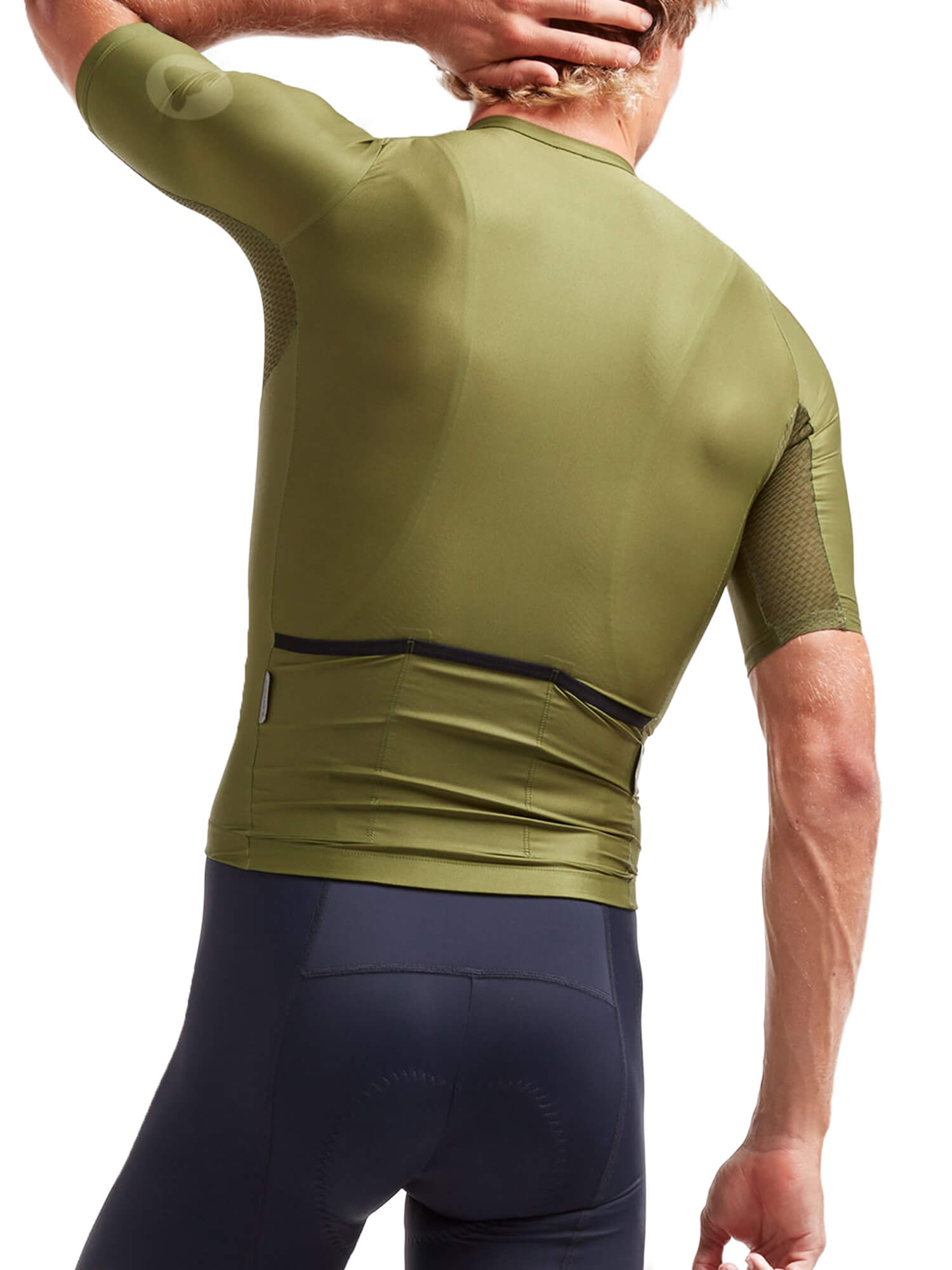 Black Sheep Cycling Essentials TEAM Jersey - Men's in olive green shown from the back with three rear pockets on the fit jersey