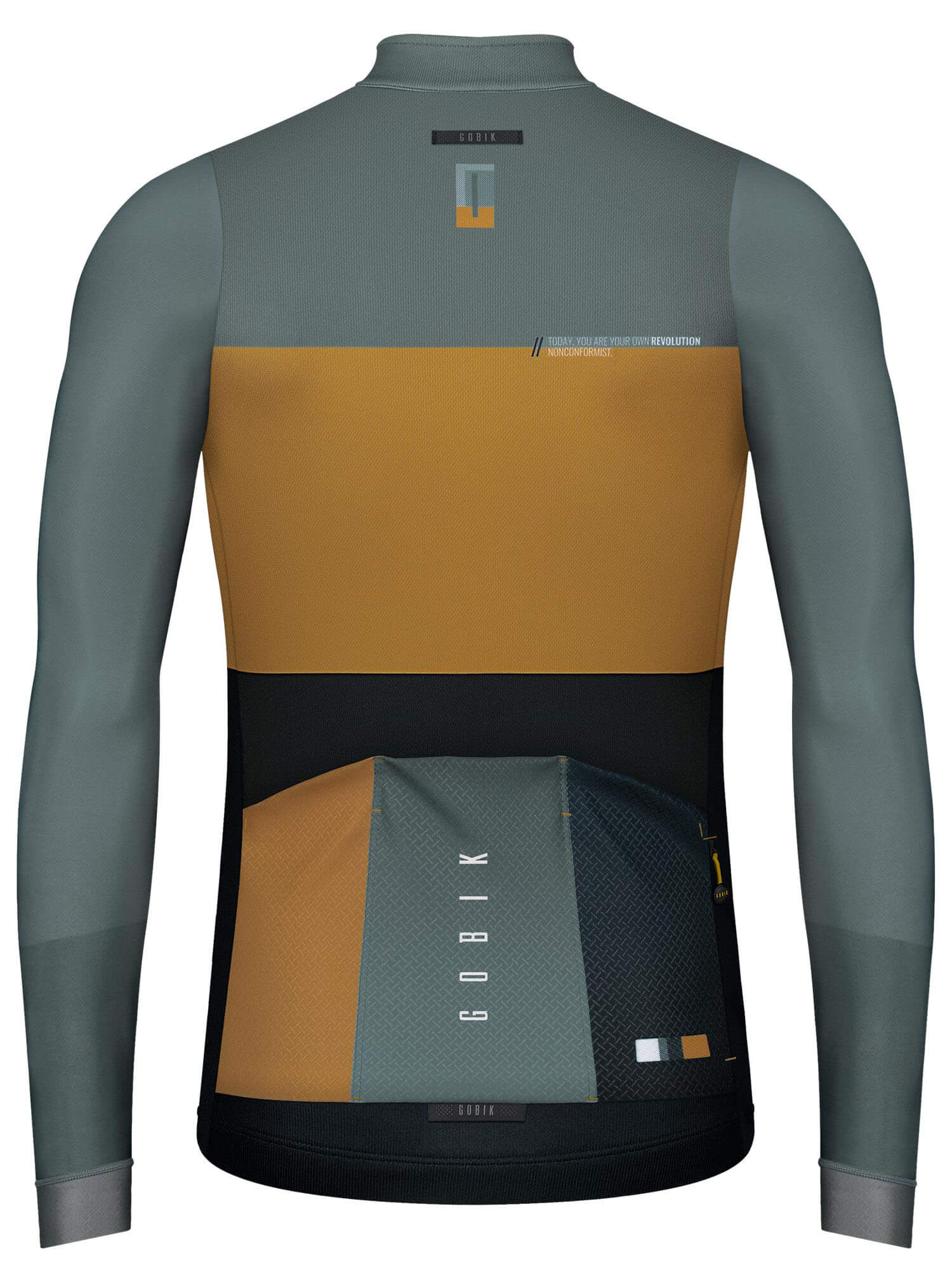 GOBIK Cobble Long Sleeve Jersey - Men's (2022) shown from back in gray, mustard, and black thermal technical fabrics design