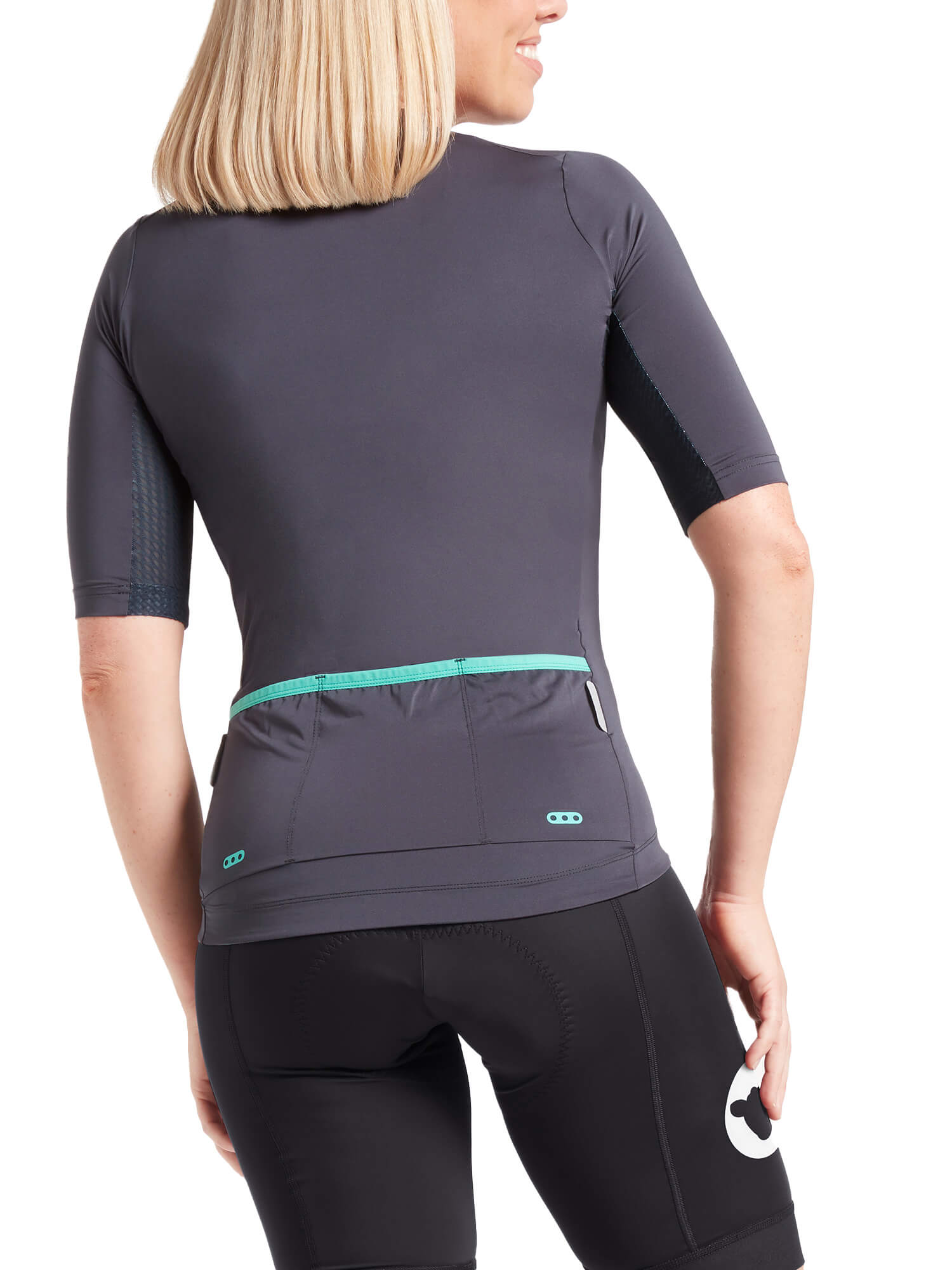 Back view of woman wearing Black Sheep Cycling Essentials TEAM Jersey SS22- Women's with rear pockets and fitted sleeves