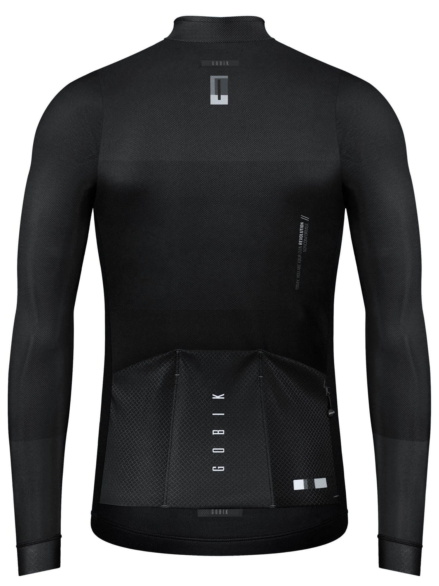 Back view of black GOBIK Cobble Long Sleeve Jersey - Men's (2022) with three rear pockets and slim fit design