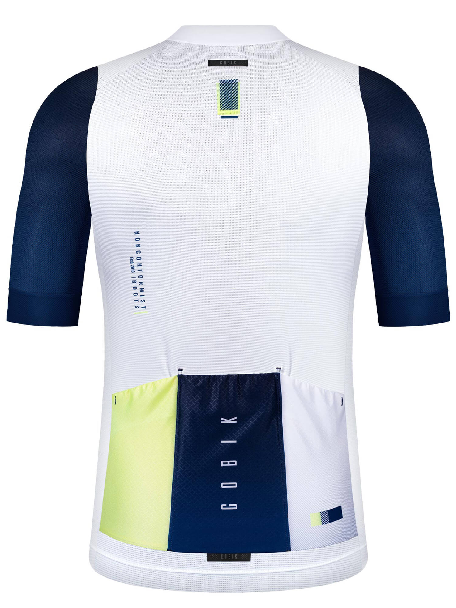 GOBIK CX Pro Unisex Short Sleeve Jersey - SS21 in white with navy sleeves and color-blocked back pockets for cycling performance.