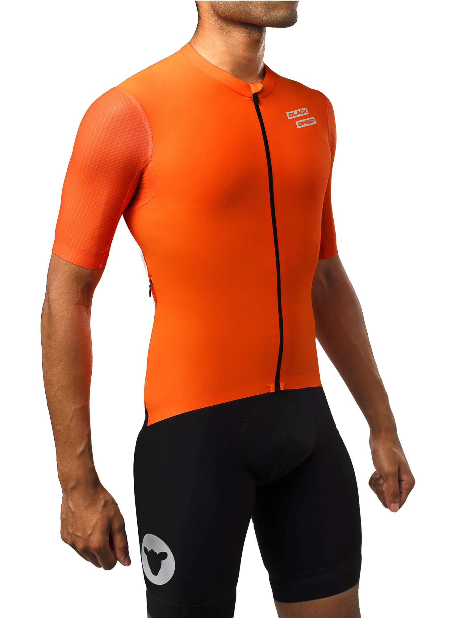 Black Sheep Cycling Men's Racing Aero Jersey in bright orange with textured sleeves designed for aerodynamic performance