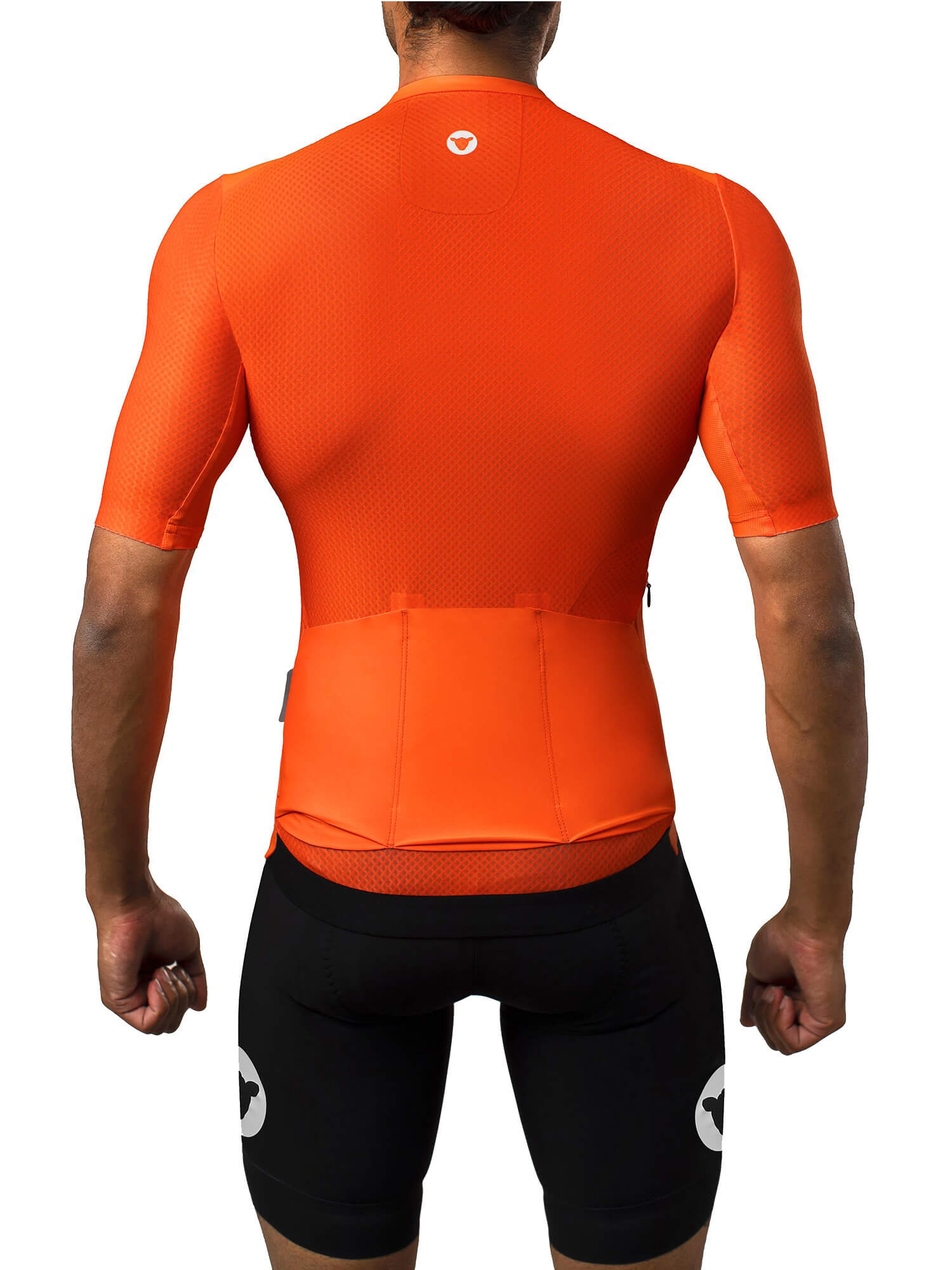 Back view of a cyclist wearing bright orange Black Sheep Cycling Men's Racing Aero Jersey with textured aero fabric and rear pockets
