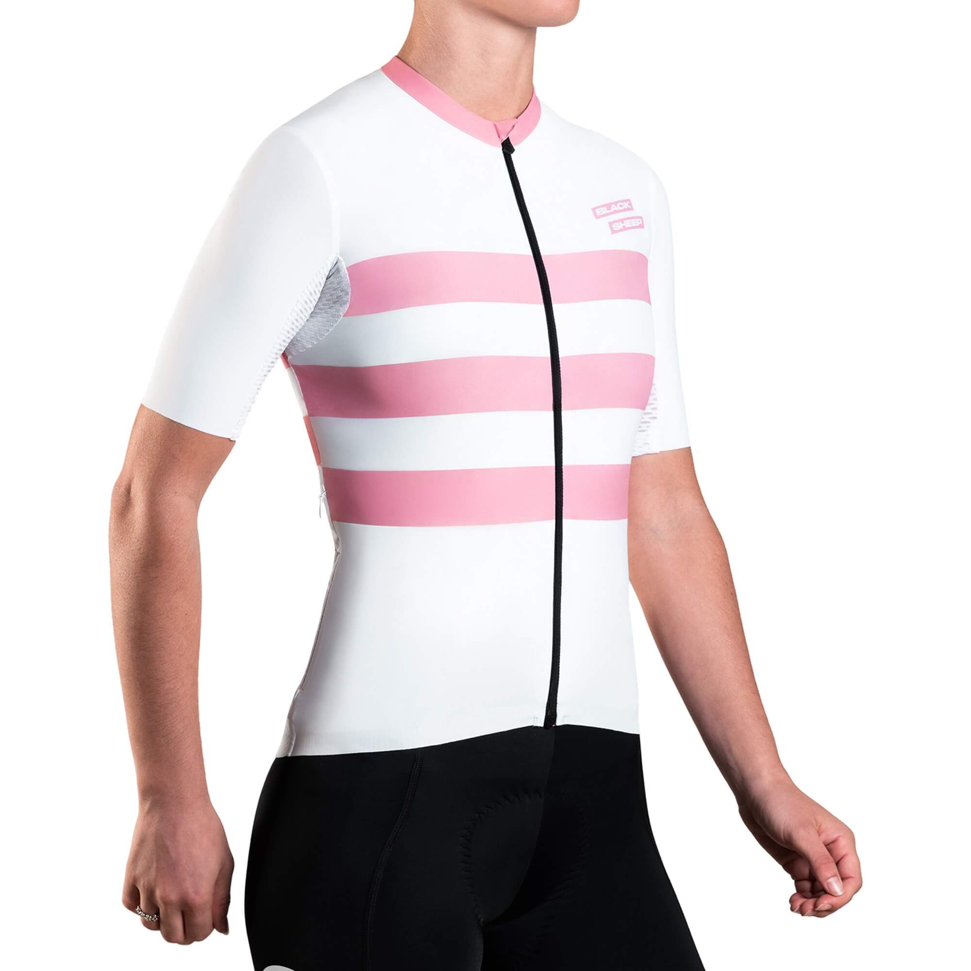 Black Sheep Cycling Women's Classic LTD WMN Jersey in white with pink stripes, designed for performance and comfort.