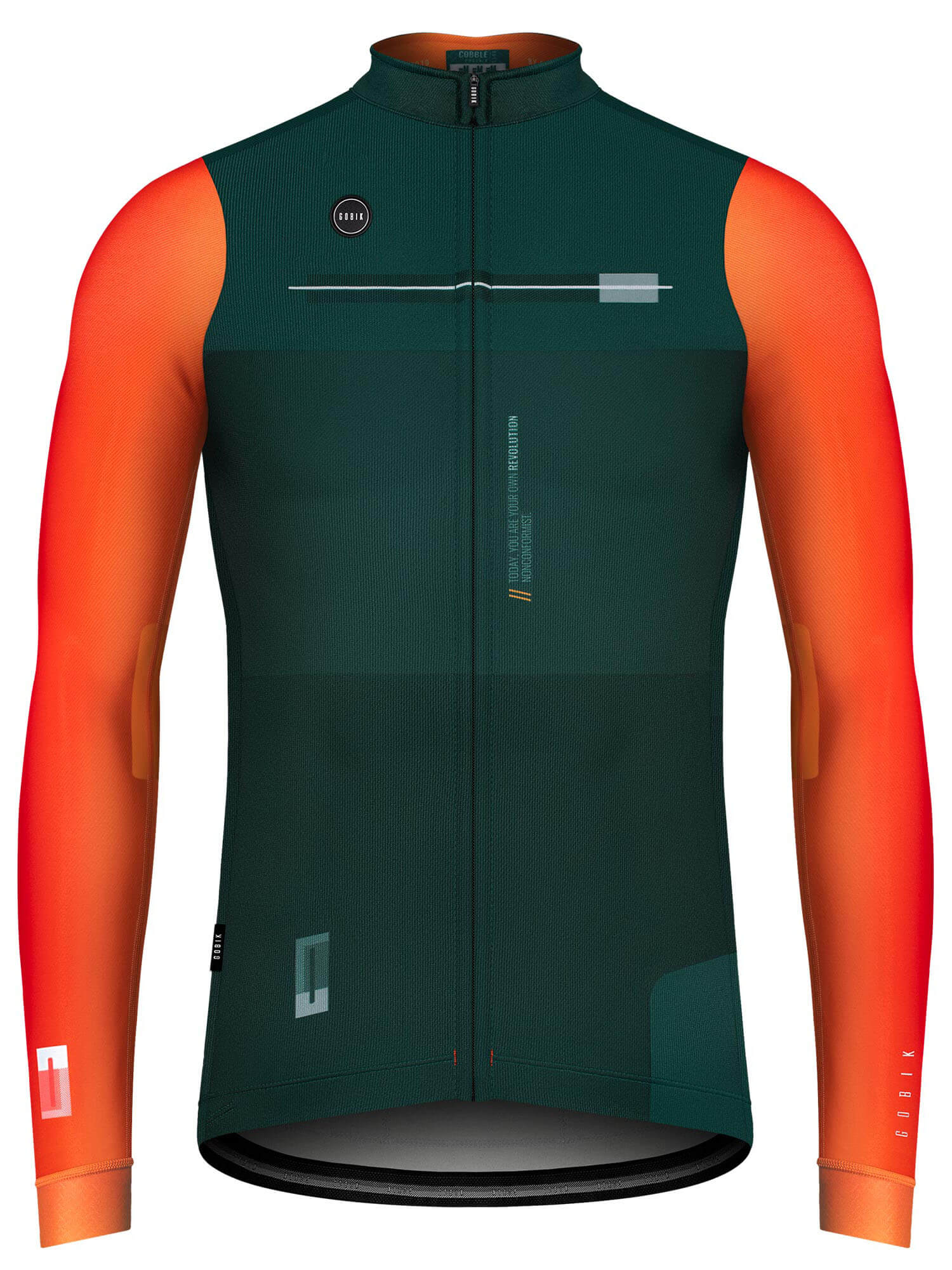 GOBIK Cobble Long Sleeve Jersey - Men's (2022) in dark green with bright orange sleeves and full front zipper design.